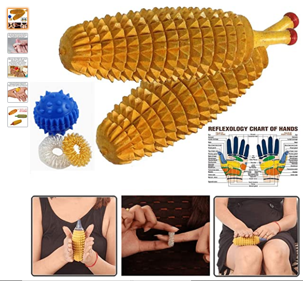 Handmade Wooden Ancient Acupressure Spiked Hand Massager Exercise Therapy Deep Tissue Trigger Set of 2 Pcs, Sujok Ball and Rings with Reflexology Chart